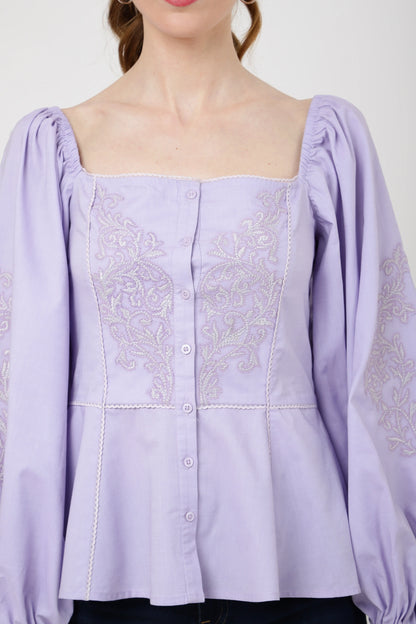 Peplum Top With Square Neckline, Lace Inserts Embroidery Tonal Colors Centre Front Button Opening - 101-Lavender, Small - 2XL