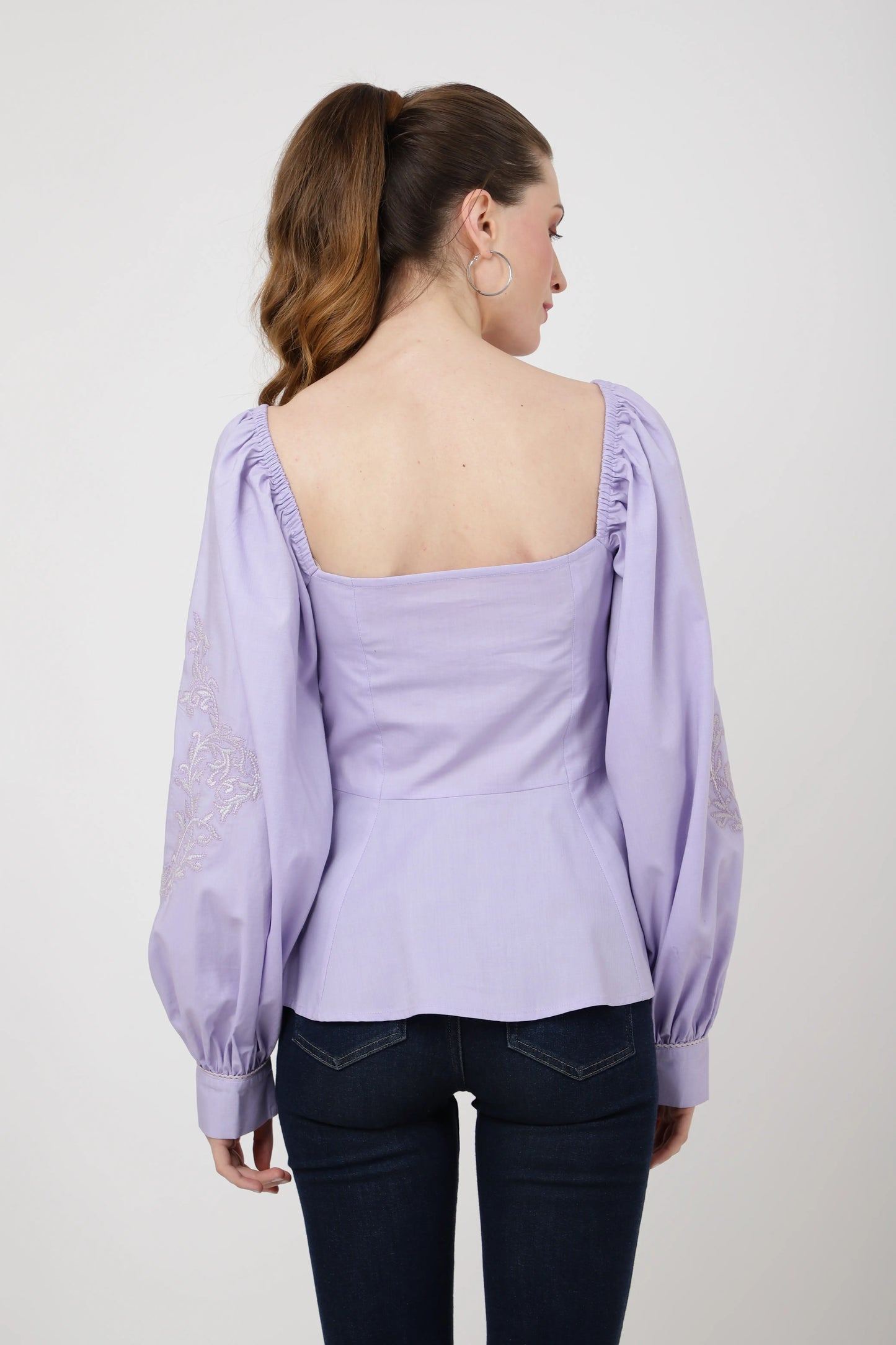 Peplum Top With Square Neckline, Lace Inserts Embroidery Tonal Colors Centre Front Button Opening - 101-Lavender, Small - 2XL