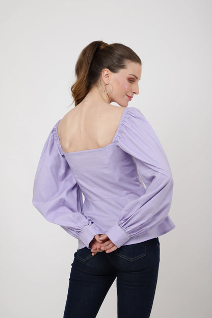 Peplum Top With Square Neckline, Lace Inserts Embroidery Tonal Colors Centre Front Button Opening - 101-Lavender, Small - 2XL