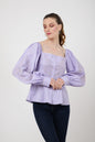 Peplum Top With Square Neckline, Lace Inserts Embroidery Tonal Colors Centre Front Button Opening - 101-Lavender, Small - 2XL