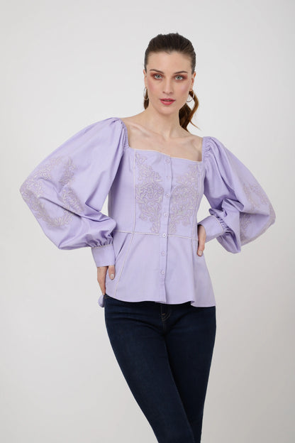 Peplum Top With Square Neckline, Lace Inserts Embroidery Tonal Colors Centre Front Button Opening - 101-Lavender, Small - 2XL