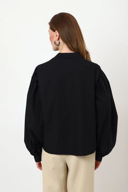 Cuban Collar Voluminous Long Sleeve Shirt Centre Front Button Opening Top for Women - 102-Black