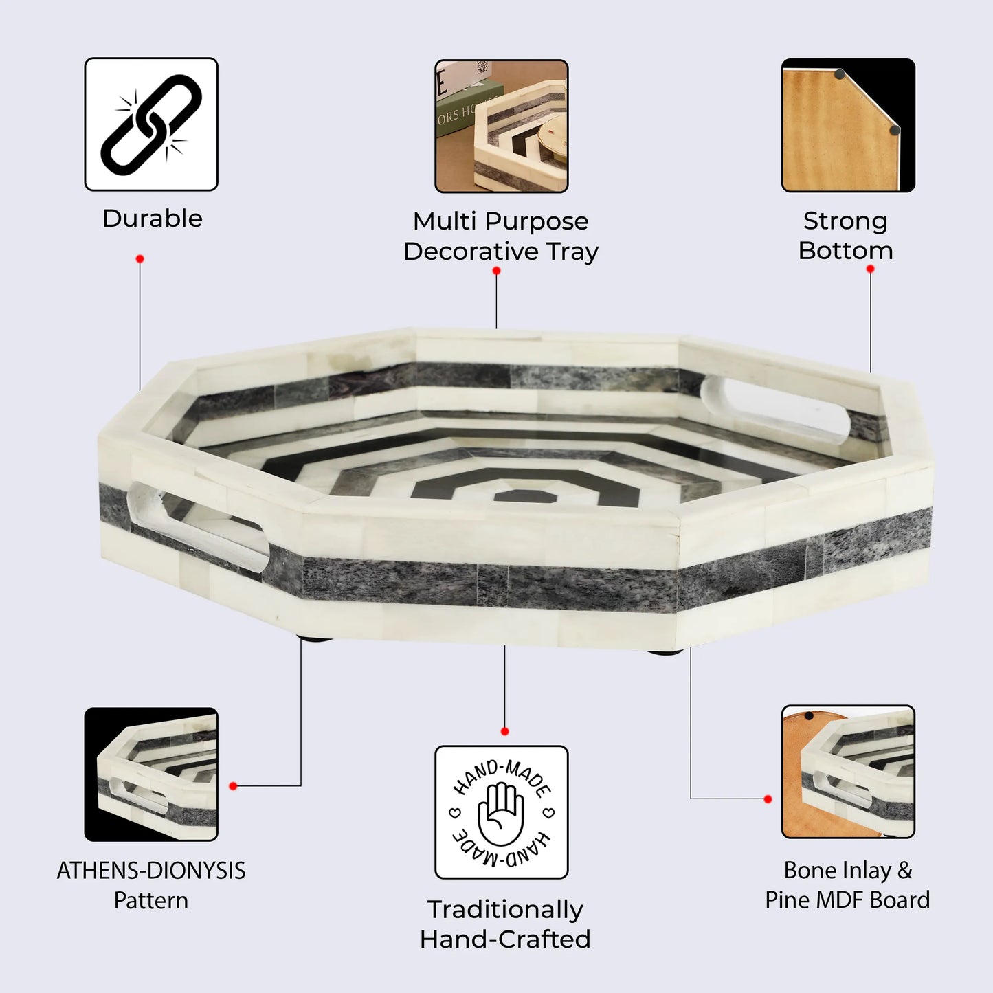 Decorative Tray Athens Dionysis Pattern Bone Inlay Collection in 12x12 inches