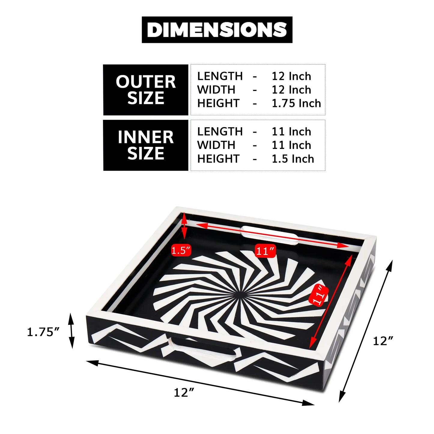 Decorative Tray Illusion Optic Black & White 12x12 Inch