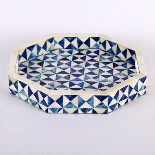 Decorative Trays Octagon Pattern Bone Inlay Collection in 12x12, Blue & White