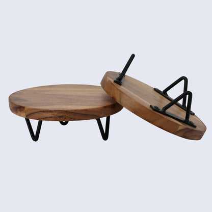 Round Trivet Acacia Wood Plant Stand, Pack of 2, Centre-Weighted, 6 & 8 Inch