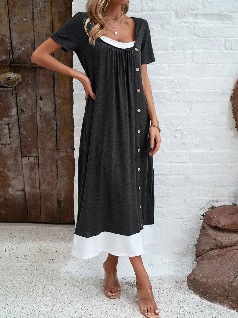 Heather Grey Maxi Dress with Mock Button Accents and Layered Hem