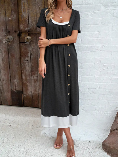 Heather Grey Maxi Dress with Mock Button Accents and Layered Hem