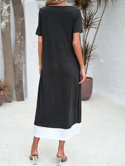 Heather Grey Maxi Dress with Mock Button Accents and Layered Hem