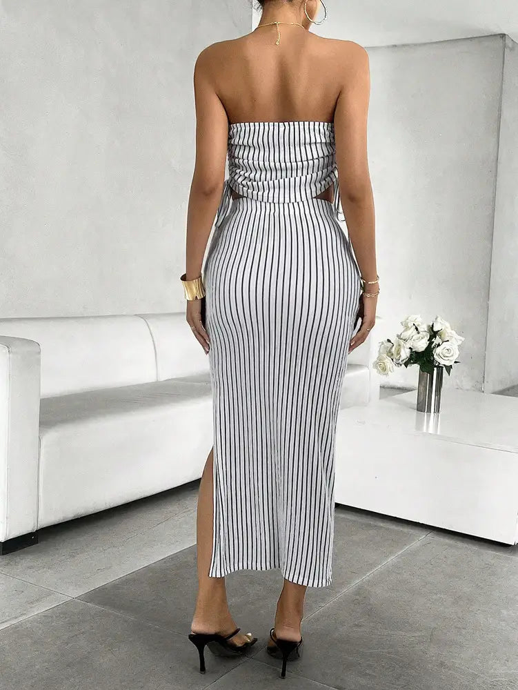 Black & White Striped Ankle Length Dress with Side Slit- Available in S to XL